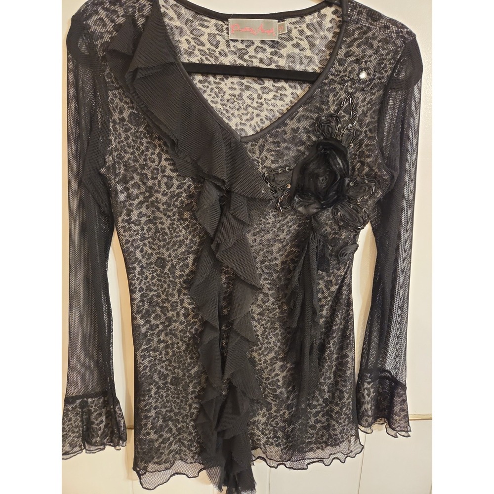 Vtg Y2K Pretty Angel Silk Blend Mesh Top (S) Animal Print Ruffle Rosette Grunge